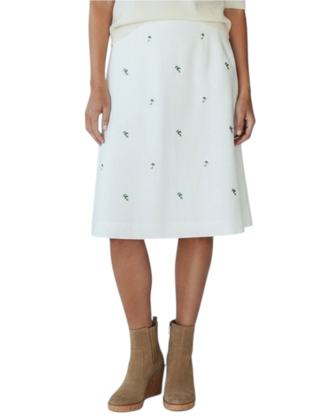 BROOKS BROTHERS Palm Tree Embroidered A-Line Midi Skirt in White Size 10